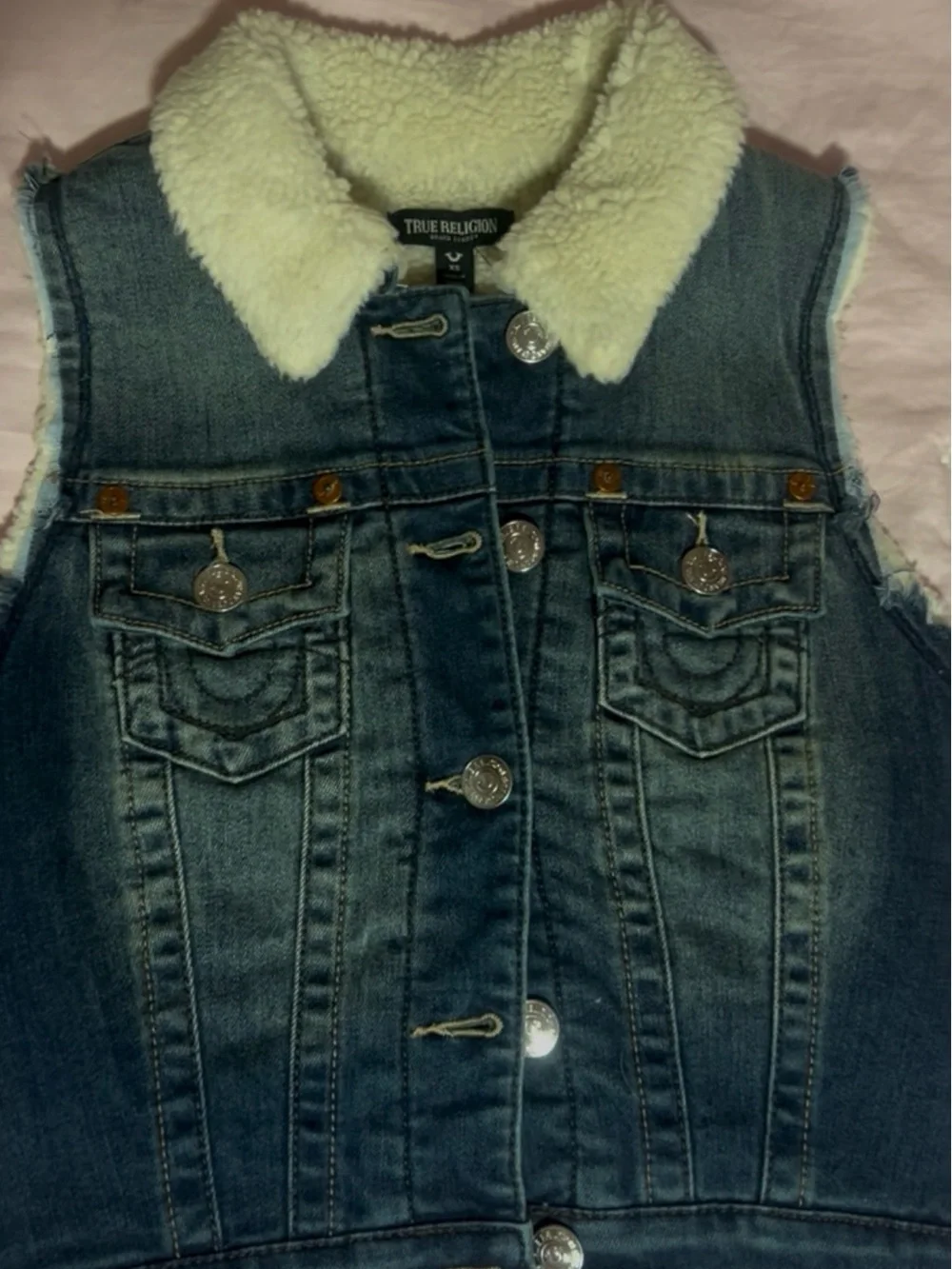 True Religion Blue Denim Vest with White Sherpa Collar